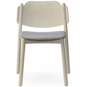 Modern wood side chair with gray upholstered seat. Minimalist chair design.