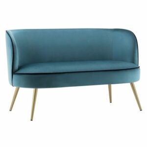 Blue velvet settee with gold legs. Modern sofa for living room or office. Stylish furniture.