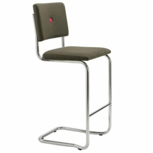 Modern Ceska bar stool with chrome frame, olive green seat and back, and pink button detail.