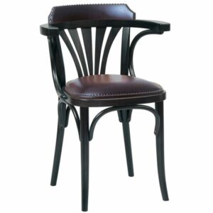 Bentwood armchair with brown leather seat and back. Black wood frame. Vintage style seating.