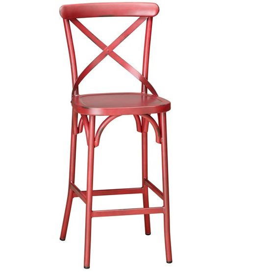 Red metal bar stool with cross back design. Modern seating furniture.