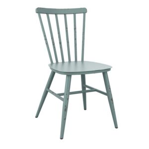 Light blue wooden spindle-back dining chair with distressed finish. Home furniture.