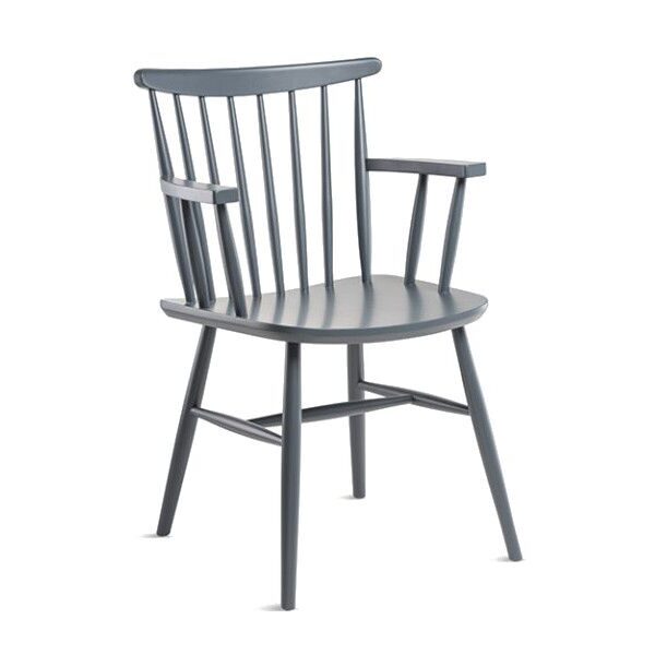 Angled view of the B-1102 armchair showing its gray-painted wooden frame, slatted back, and armrests.