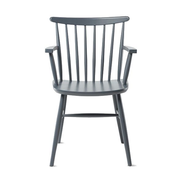 Front view of the B-1102 armchair, showcasing its sleek gray wood frame, spindle back, and armrests. Stylish and durable seating.
