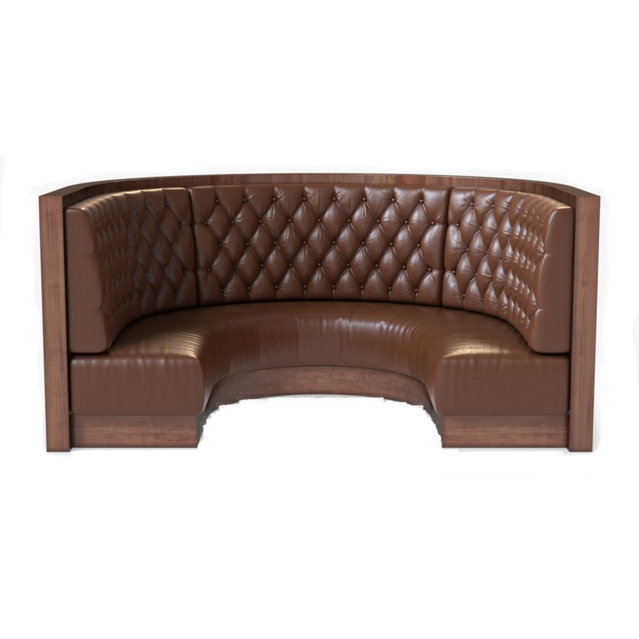 Front view of a brown leather Banquette Deep Button Booth with a wooden frame.