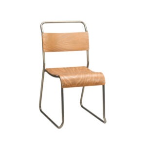 Front view of a stackable canteen side chair with a metal frame and vintage plywood seat and back.