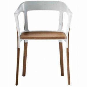 Steelwood armchair. Modern chair with white frame, wooden seat, and wooden legs. Contemporary furniture.