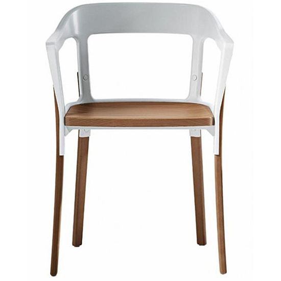Steelwood armchair. Modern chair with white frame, wooden seat, and wooden legs. Contemporary furniture.