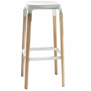 Modern bar stool with white seat and wooden legs. Contemporary furniture.