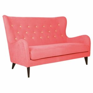 Pink Pola Sofa. Modern loveseat with button accents and tapered legs. Home furniture.