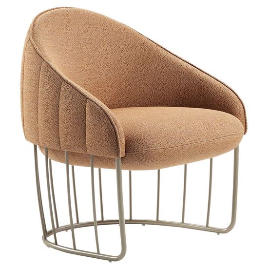 Tan Tonella lounge chair with a rounded back and metal rod base. Modern armchair furniture.