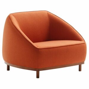 Modern orange lounge chair. Stylish Sumo chair with wooden legs. Contemporary furniture.