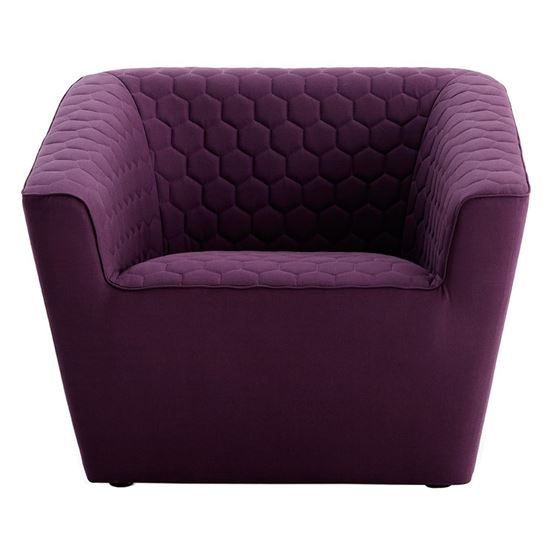 Purple tea lounge chair with geometric pattern. Modern armchair for living room or office. Stylish furniture.