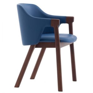 Blue Loden armchair with wooden frame. Modern design furniture for home or office.