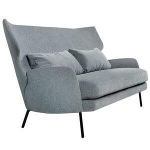 Modern gray loveseat sofa with pillows and black legs. Contemporary furniture for living room seating.