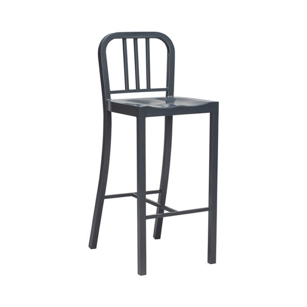 Modern gray metal bar stool with backrest. Contemporary kitchen or bar furniture.