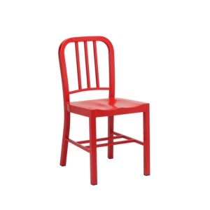 Red metal chair with a vertical slat back. Modern furniture for dining or office.