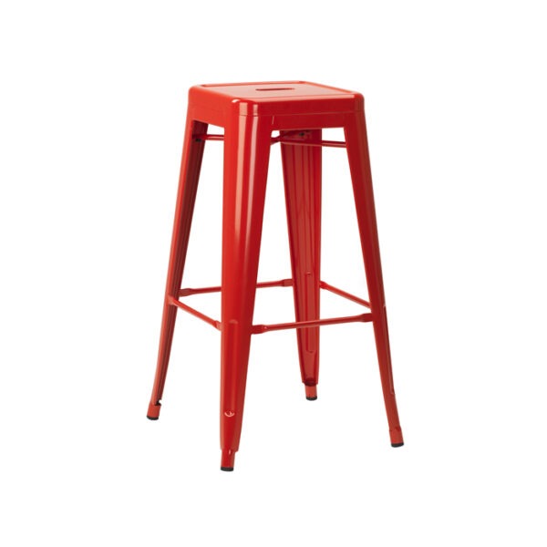Red metal bar stool with square seat and footrest. Modern industrial style furniture.