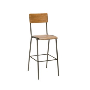 Modern bar stool with wooden seat and back. Metal frame. Kitchen or dining room furniture.