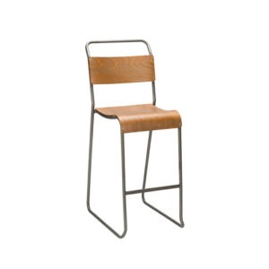 Modern bar stool with wood seat and back. Metal frame. Contemporary furniture.
