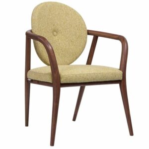 Upholstered Dama Armchair with a wooden frame. The seat and round back are a textured light yellow fabric.