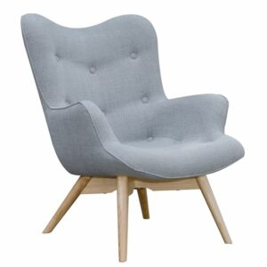 Upholstered grey Grant Lounge Chair with a buttoned back and a light wood frame.