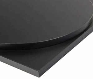 Close-up of a black laminate table top, showing the 25mm thick square ABS edge detail.