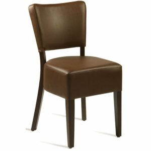 Front view of a brown Memphis Side Chair with an upholstered seat and back, and a solid beech frame.