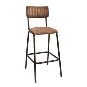 Industrial School upholstered barstool with brown leather seat and back. Black metal frame with footrest.