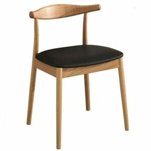 Front view of a Wanda side chair. The chair has a light-colored beech frame and a black upholstered seat.