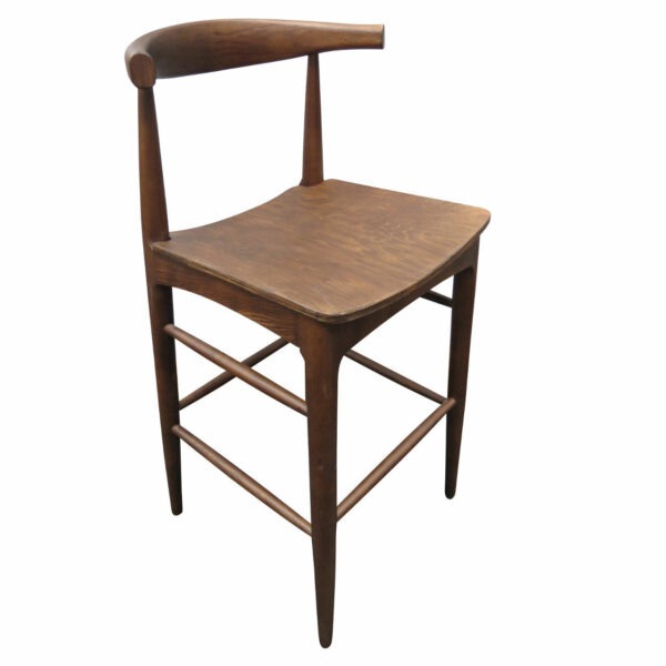 Angled view of a wooden Bullhorn side chair with a curved backrest and a square seat.