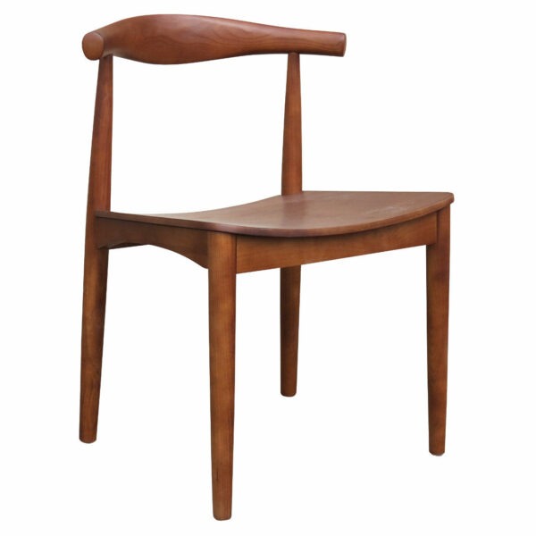 Angled view of a wooden Bullhorn side chair. The frame and seat are a matching medium brown. The chair is not stackable.
