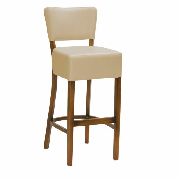 Upholstered Memphis barstool with a wooden frame and footrest. The seat and back are a light beige color.