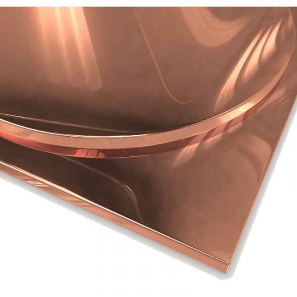 Close-up of a square, polished metal copper table top with rounded edges.