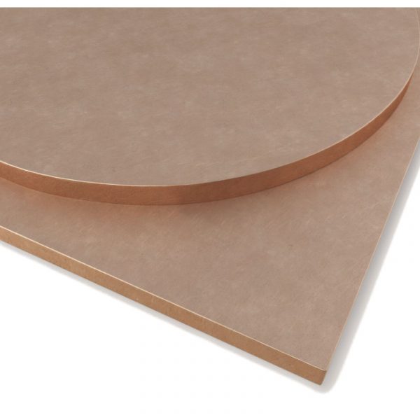 Close-up of a round and square METAL COPPER SATIN TABLE TOP, showing the smooth, satin finish.