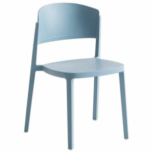 Front view of a light blue Abuela side chair. The chair is made of polypropylene and is stackable.