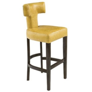 Alessia barstool with a yellow upholstered seat and back, stud detail, and a dark wood frame.