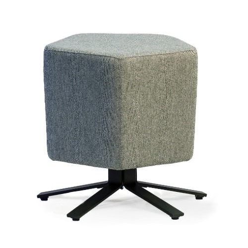 Upholstered Aline low stool with a gray fabric seat and a black metal frame.