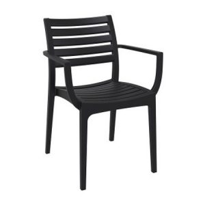 Black Area Armchair. Stackable polypropylene frame with horizontal slats on back and seat. Outdoor chair.