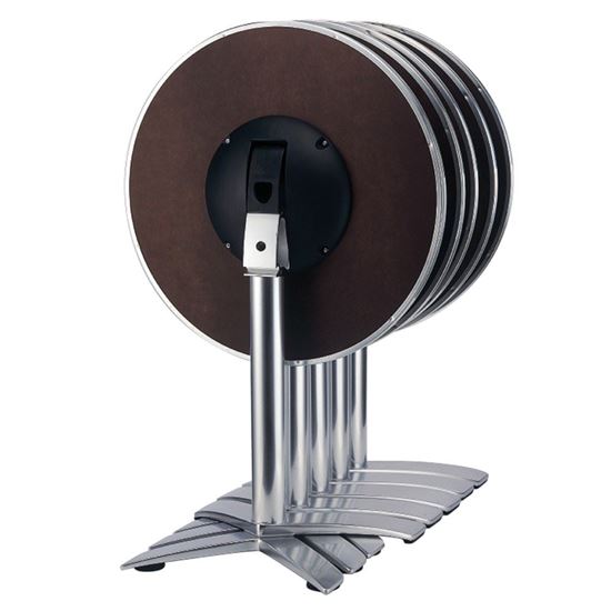 Stacked Avangard flip top dining table bases. Aluminum frame, round brown tops, for indoor/outdoor use.