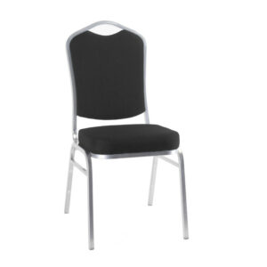 Angled view of a black Banquet side chair. The chair has a silver aluminum frame with an upholstered seat and back.