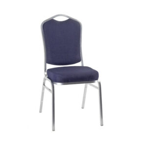 Angled view of a blue upholstered Banquet Side Chair with a silver aluminum frame.