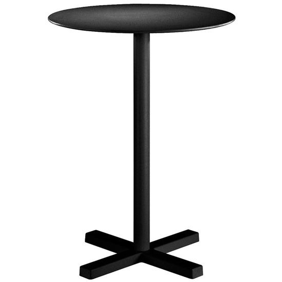 Black Bold Poseur table base with a round top, steel column, and X-shaped cast iron base.