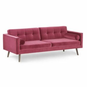 Front view of the Bora sofa in rose velvet, featuring a tufted back, wooden frame and cylindrical pillows.
