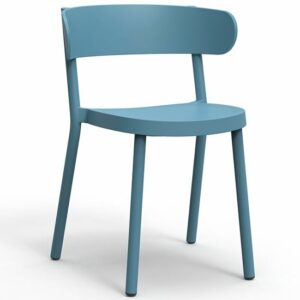 Side view of a blue Casino armchair. Polypropylene frame and stackable design. Outdoor chair.