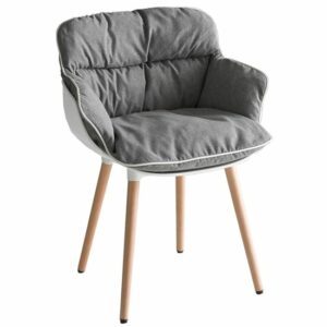 Front view of a gray Choppy armchair with a white shell and wooden legs.
