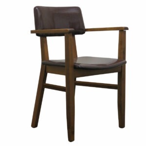 Front view of a brown Clerk armchair with a beech frame and upholstered seat and back.