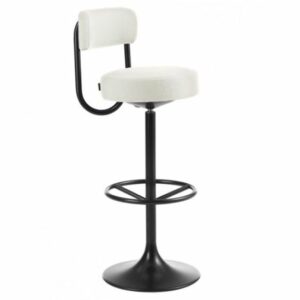 Side view of the Cobra barstool. It has a black metal frame and an upholstered white seat and back.