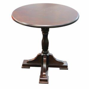 Dark wood Cruse dining table base with round top. The base has a decorative pedestal and a four-legged support.