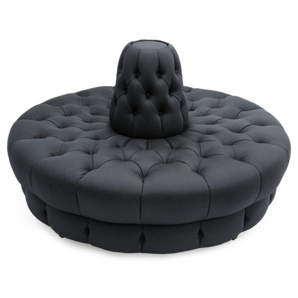 Upholstered Custom Circular Banquet Buttons in dark gray fabric, tufted with a center back.